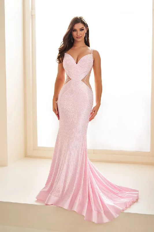 Weekend Flash Sale casual knit dressEllie Wilde EW35001 Size 00 Sakura Pink Prom Dress Crystal Jersey Sheer Cutout Formal Backless Mermaid