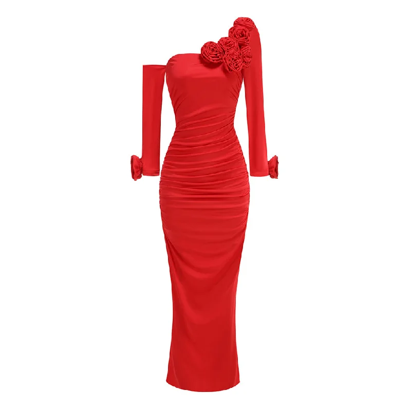Act Now tiered dressAsymmetric 3D Rosette One Shoulder Ruched Bodycon Maxi Evening Dress
