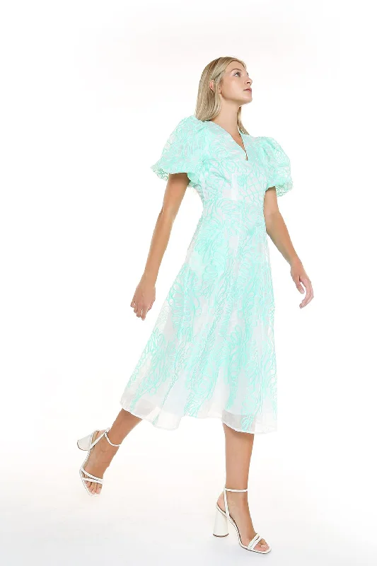 Steals and Deals v-neck dressPuff Sleeve Embroidered Mesh Midi Dress
