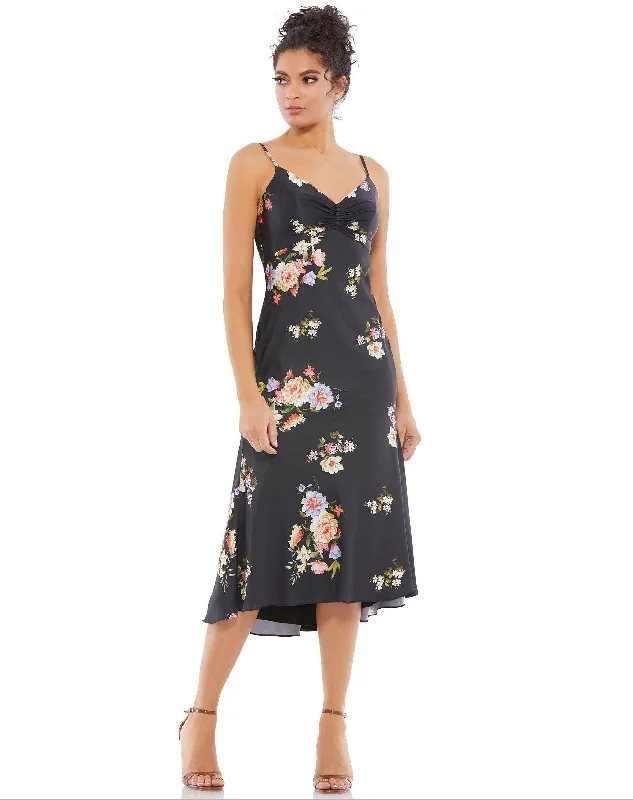 Online Specials trendy mini dressMac Duggal 70182 High Low Floral Print Satin Dress