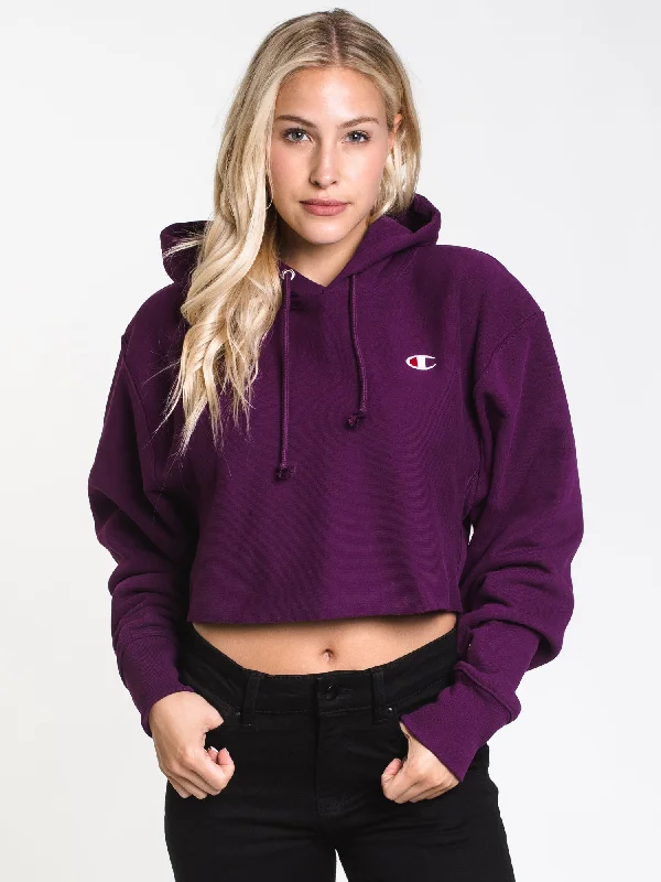 Overstock WOMENS CROP CUTOFF PULLOVER HOODIE- PURPLE - CLEARANCE
