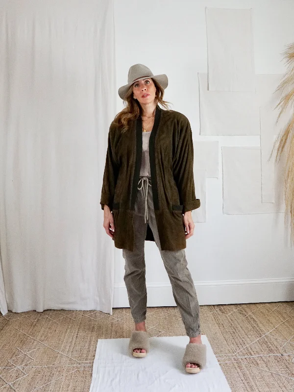 Blowout Sale fitted bomber jacketVintage Olive Suede Contrast Wool Jacket
