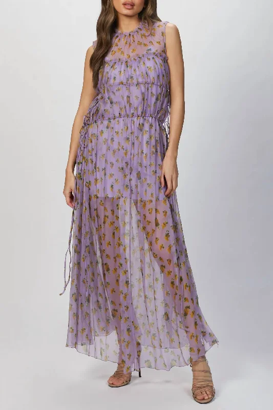 Best Deals puff sleeve dressFloral Print Tiered Silk Dress In Lilac