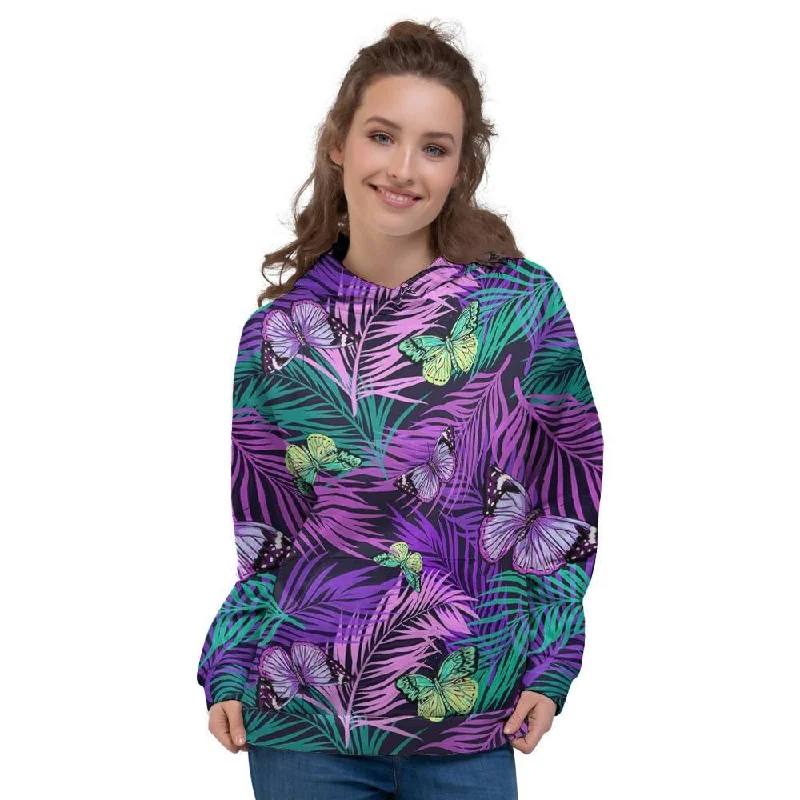 Online Only Neon Purple Tropical Palm Tree Butterfly Print Women's Hoodie