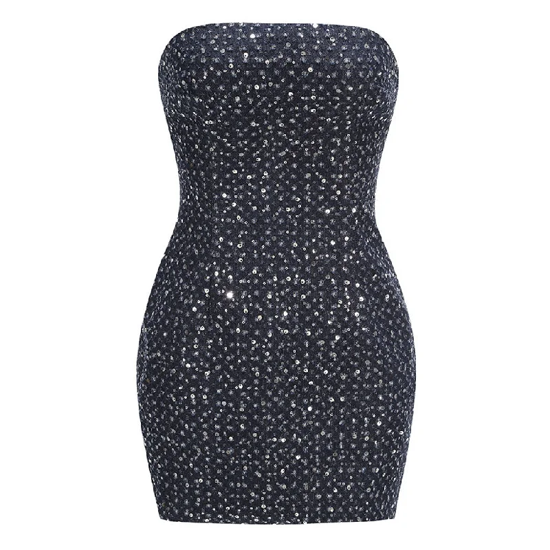 Big Savings off-the-shoulder dressSparkly Sequin Embellished Bodycon Ripped Denim Tube Mini Party Dress