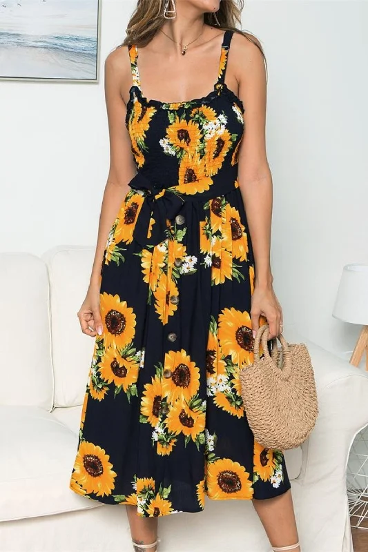 Don't Miss bohemian dressSmocked Sunflower Printed Sleeveless Cami Dress