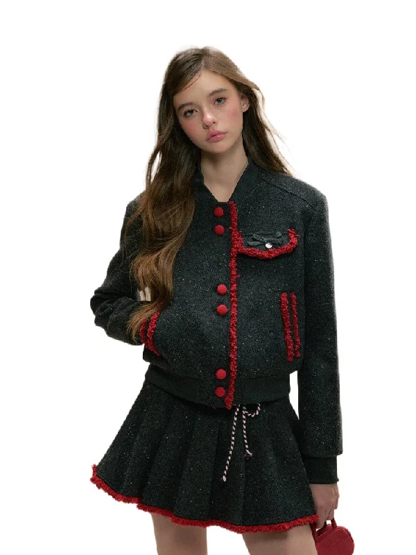 Low Prices stylish zip jacketDark Gray Vintage Wool Baseball Jacket & Skirt Set
