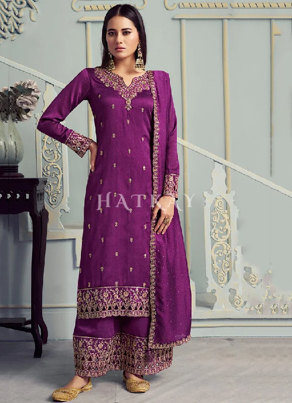 Best Bargains casual midi dressPlum Purple Embroidery Festive Palazzo Suit