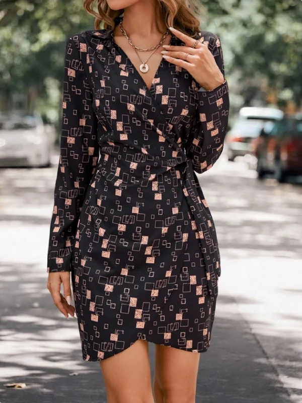 Clearance Items vintage dressGeometric Surplice Long Sleeve Dress