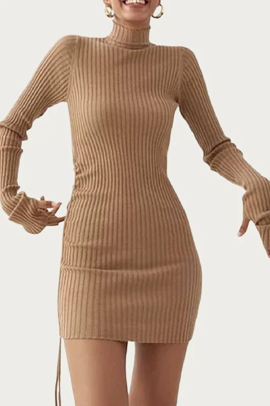 Fantastic Deals long-sleeve floral dressRibbed-Knit Turtleneck Mini Dress In Camel