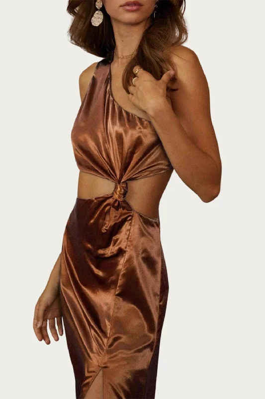 Special Price elegant maxi dressOne-Shoulder Satin Cutout Midi Dress In Bronze