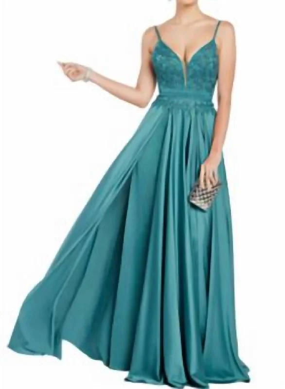 Unbeatable Prices spaghetti strap dressSatin Embroidered Gown In Green