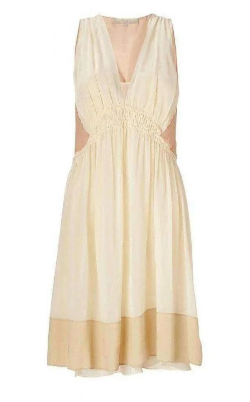 Overstock casual slip dressBeige Color Blocked Silk Dress