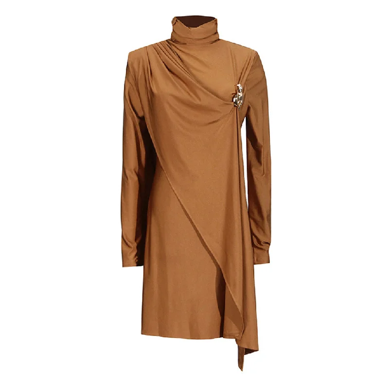 Must-Have Deals vintage-inspired dressElegant Scarf Turtleneck Long Sleeve Metal Brooch Draped Jersey Mini Dress