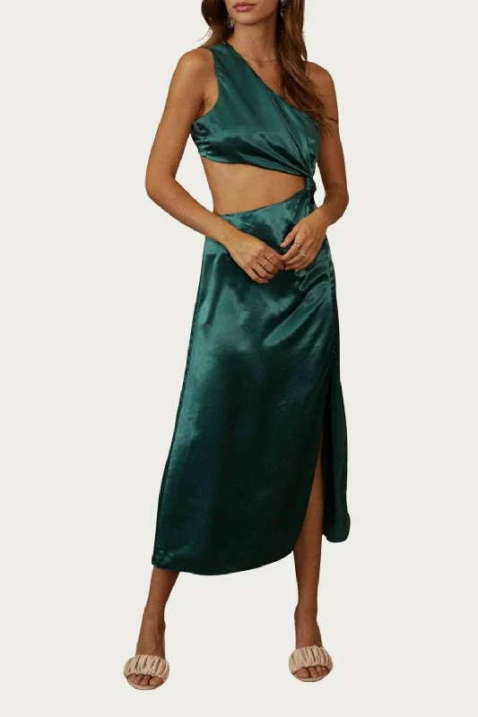 Best Seller bodycon dressOne-Shoulder Satin Cutout Midi Dress In Jewel Green