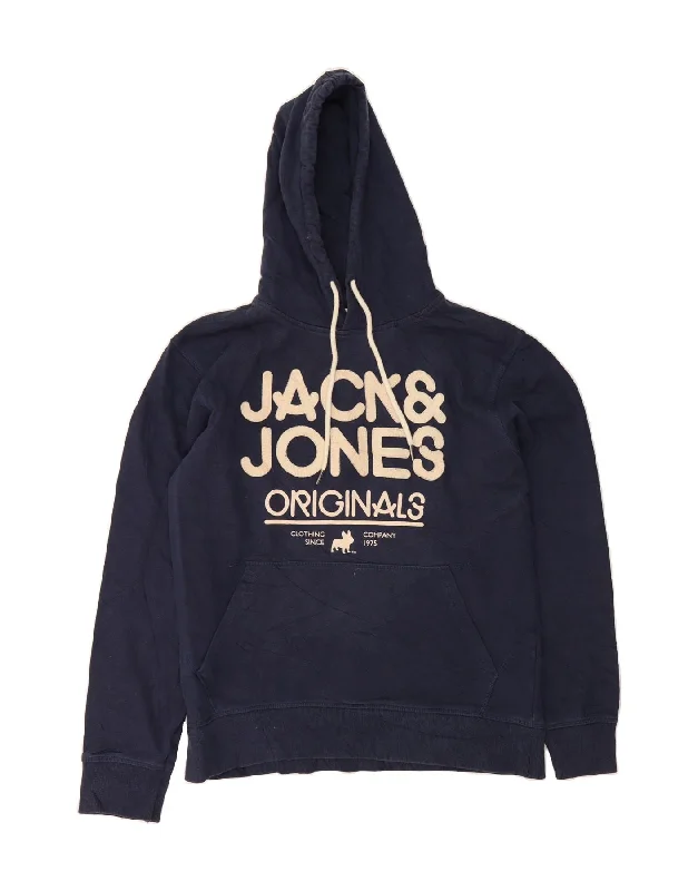 Referral Discount JACK & JONES Mens Graphic Hoodie Jumper Large Navy Blue Cotton