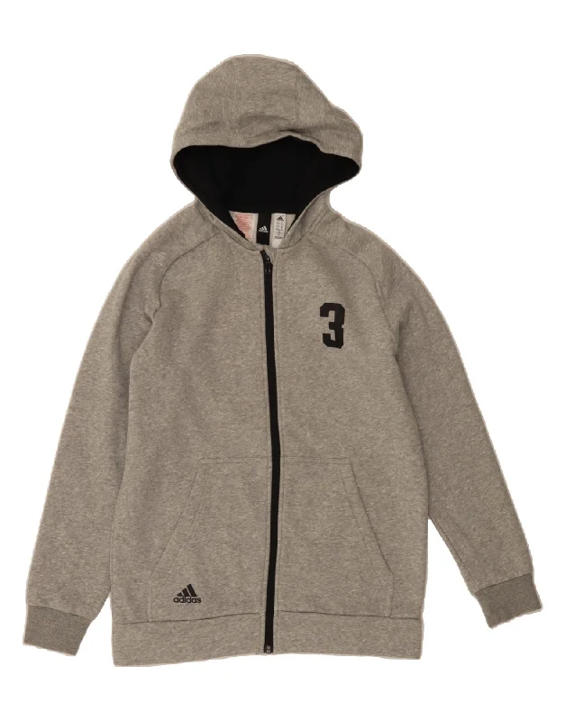Deal Dash ADIDAS Boys Graphic Zip Hoodie Sweater 13-14 Years Grey Cotton