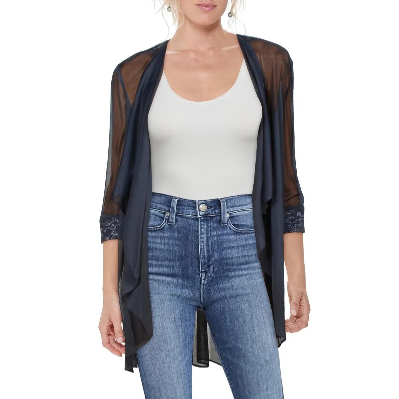 Deal Frenzy chic lightweight jacketPetites Womens Mesh Lace-Trim Duster Blazer