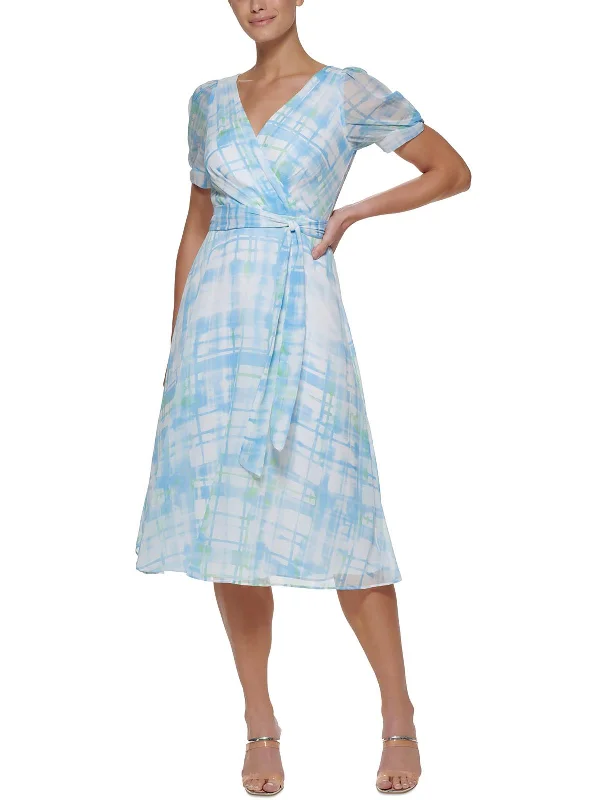Price Rollback ruched dressWomens Puff Sleeve Plaid Midi Dress