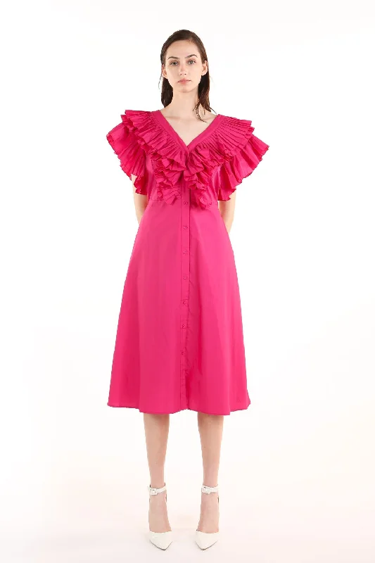 Buy More, Save More luxury dressV Neck Pleated Ruffle Trim Sleeve Midi Dress