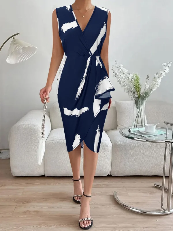 Discount Deals casual day dressPrinted Surplice Sleeveless Knee Length Dress