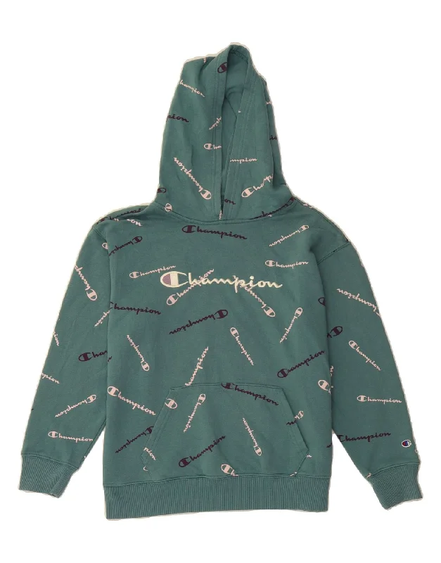 Special Offer CHAMPION Girls Graphic Hoodie Jumper 13-14 Years XL Green Cotton