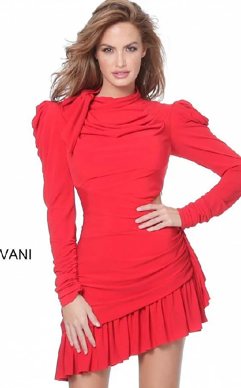 Don’t Miss Out flowy evening dressJovani M3076 Short Puff Sleeve Cocktail Dress