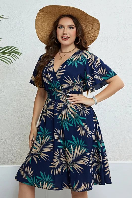 Price Slash playful dressBotanical Print Flutter Sleeve Smocked Waist Dress