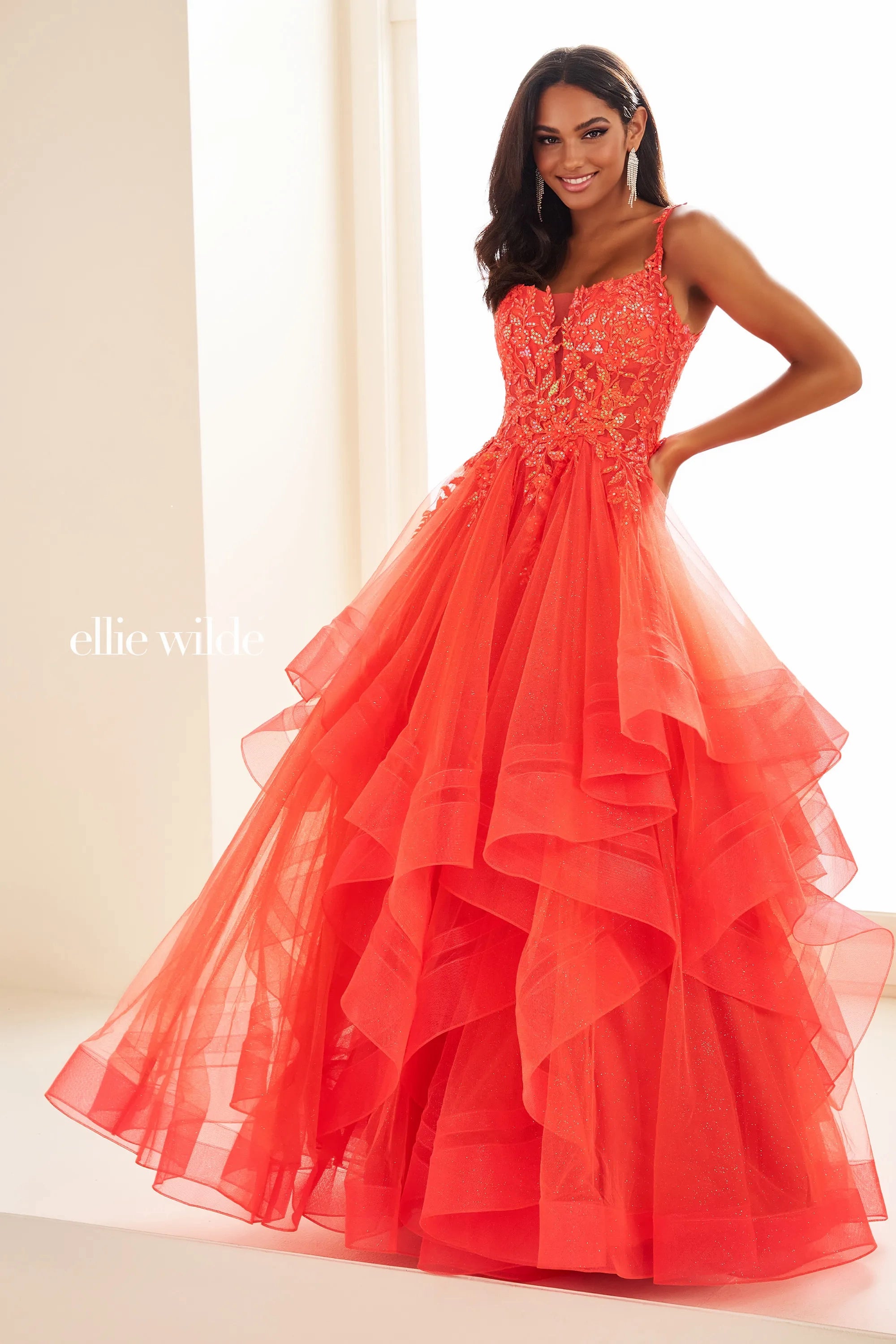 Limited Edition vintage-inspired dressEllie Wilde EW36035 Size 14 Papaya Sheer Lace Shimmer Ruffle Prom Dress Ballgown Corset Sequin Layer Gown