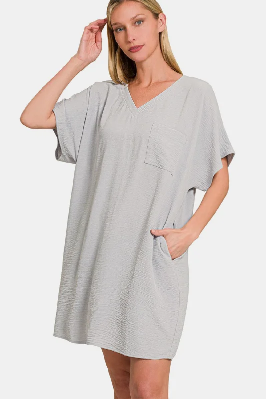 Sale Event off-shoulder dressZenana V-Neck Tee Dress with Pockets