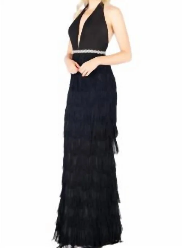 Super Bargain fitted bodycon dressHalter With Fringe Skirt Gown In Black