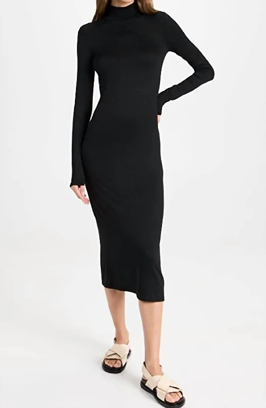 Unbeatable Prices party dressSolid Turtle Neck Ribbed Knit Back Slit Midi Dress In Black
