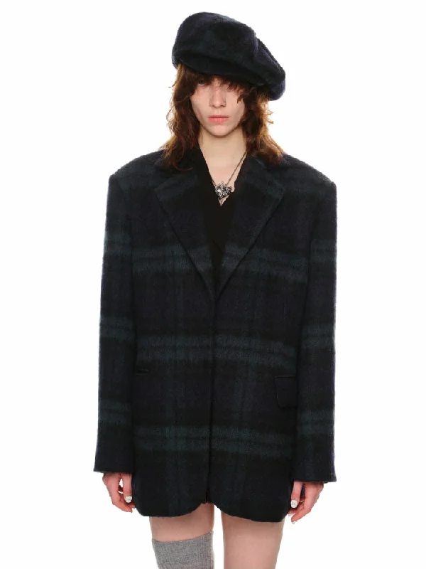 Quick Sale casual coat jacketOversized Green Plaid Woolen Blazer