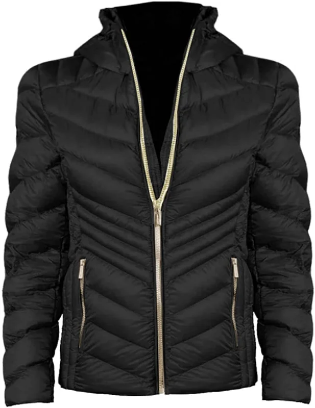Factory Direct Sale winter jacketMichael Michael Kors Women's Black Chevron Double Layer Zipper 3/4 Hooded Packable Coat