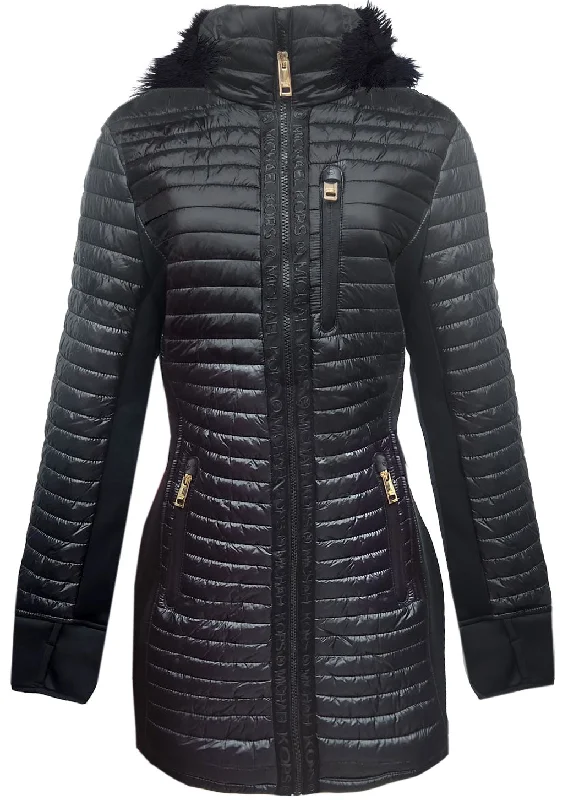 Hurry In fitted jacketMichael Michael Kors Women's Black Quilted Mixed Media 3/4 Coat Jacket with Faux Fur