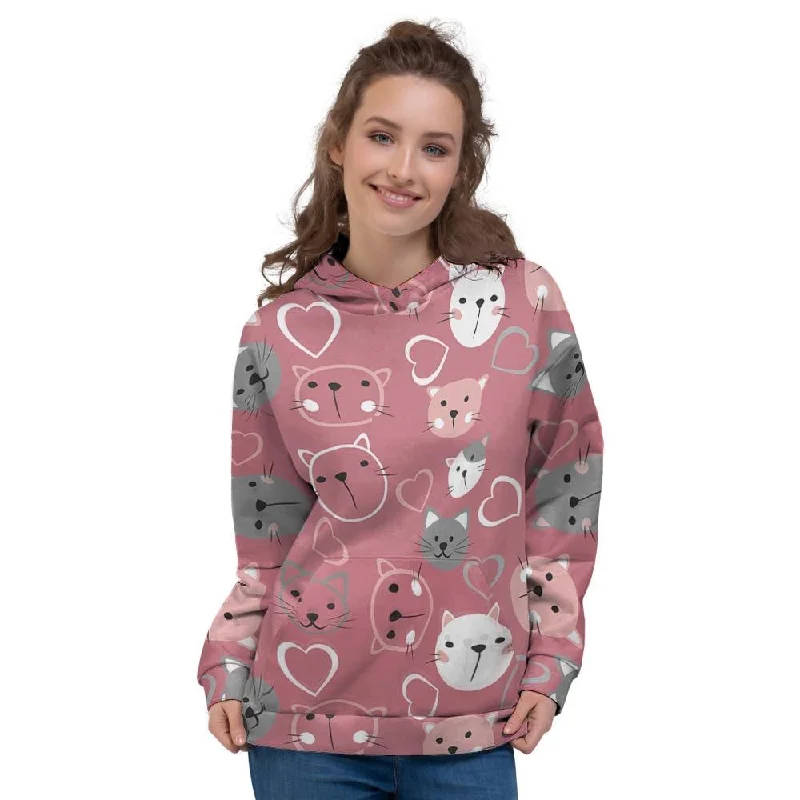 Midnight Sale Pink Cat Face Print Women's Hoodie