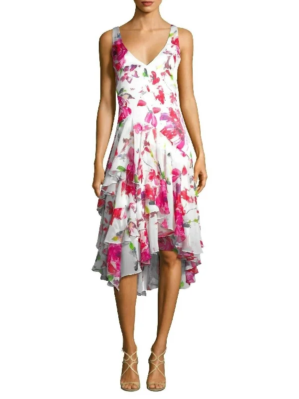 Weekend Special modern dressShort Sleeve V-Neck Printed Cocktail Dress In Azalea