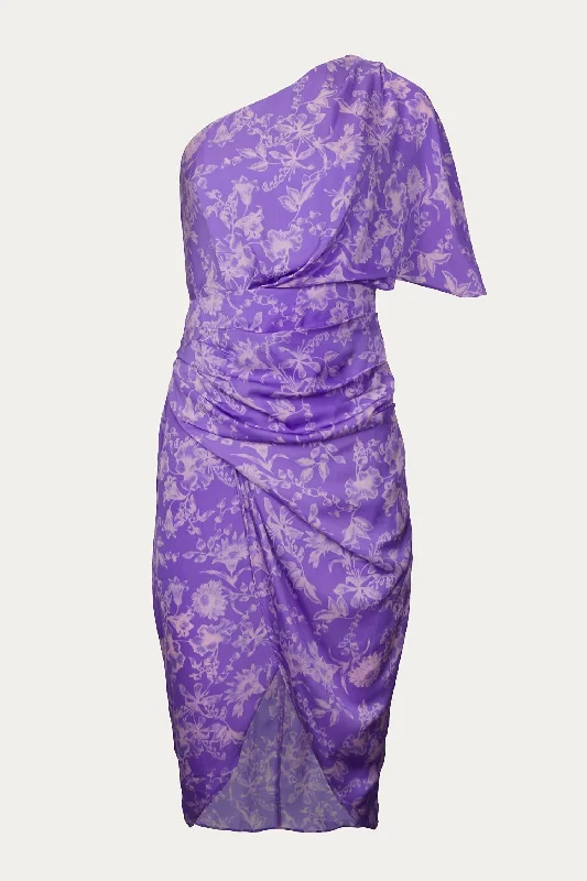 Warehouse Sale satin dressOne-Shoulder Draped Asymmetric Dress In Lavender Multi