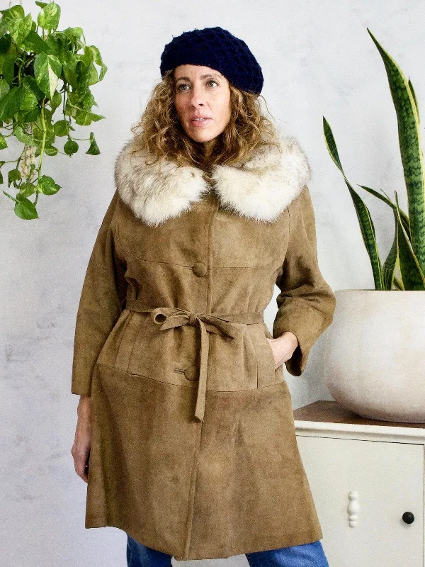 Closeout slim fit jacketVintage Coffee Suede Fox Fur Collar Coat