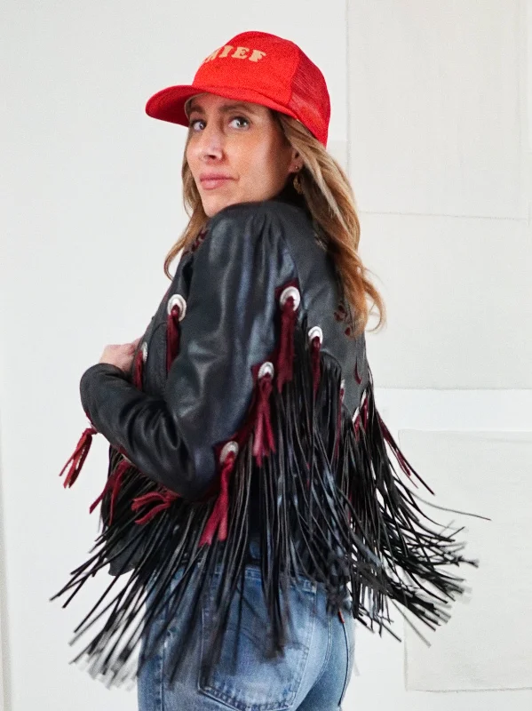 Discount Extravaganza casual puffer jacketVintage Black Leather Fringe Rose Jacket