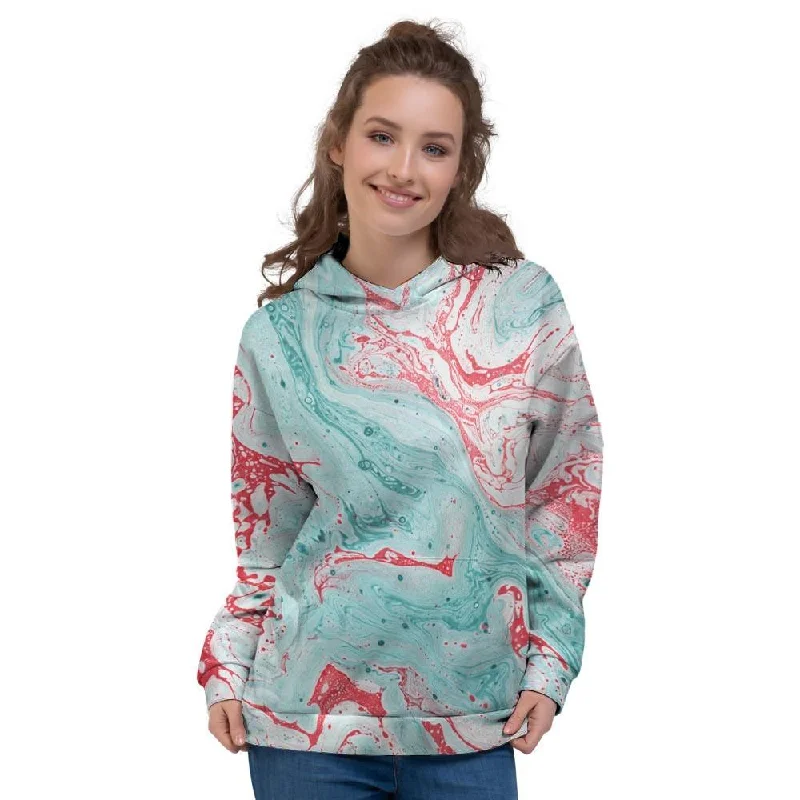 Stock Clearance Mixed Red and Turquoise Marble Women's Hoodie