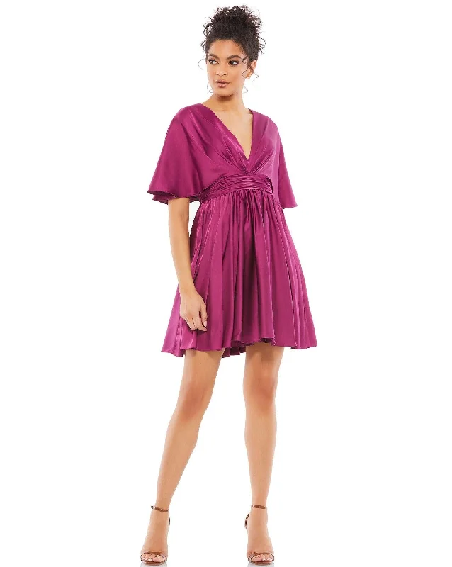 Buy Now bohemian dressMac Duggal 26605 Short Cape Sleeve Satin Dress