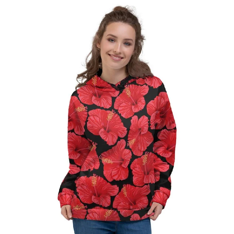 Major Savings Red Hibiscus Flower Hawaiian Print Women's Hoodie