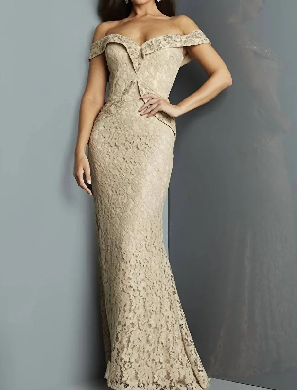 Special Offer casual evening dressOff The Shoulder Embellished Mother Of The Bride Dress In Cafe