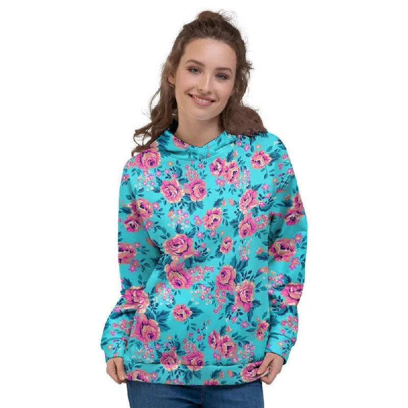 Limited Time Discount Pink And Blue Rose Floral Women's Hoodie