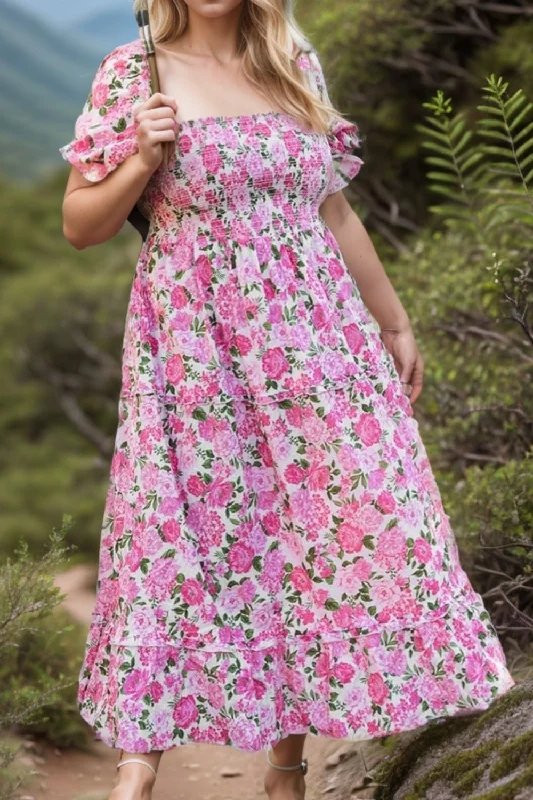Price Rollback luxury dressPlus Size Smocked Printed Square Neck Short Sleeve Dress