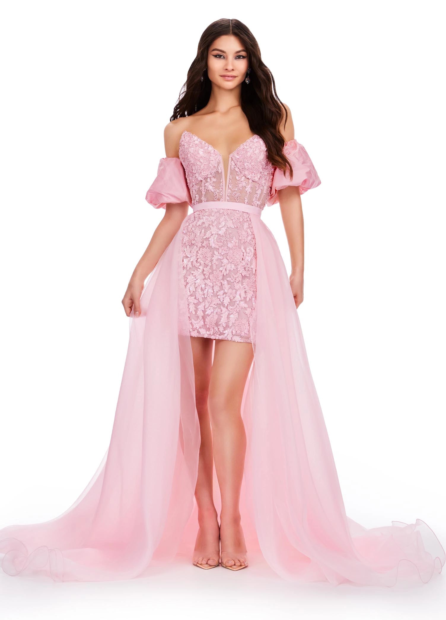 Markdowns sleek dressAshley Lauren 1740 Size 8 Ice Pink Long Organza Pageant Overskirt Wire Hem Layered Train Detachable
