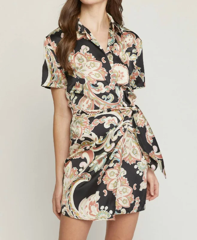 Deal Alert knit dressSatin Paisley Short Faux Wrap Dress In Black