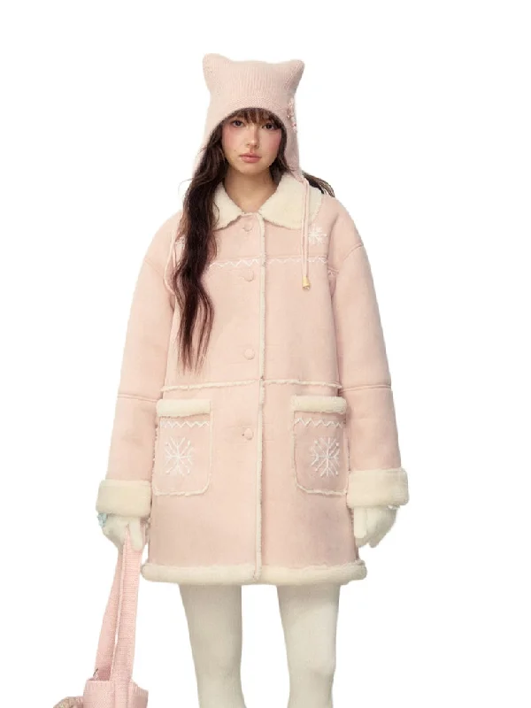Don't Wait chic biker jacketPink Snowflake Embroidered Faux Shearling Coat