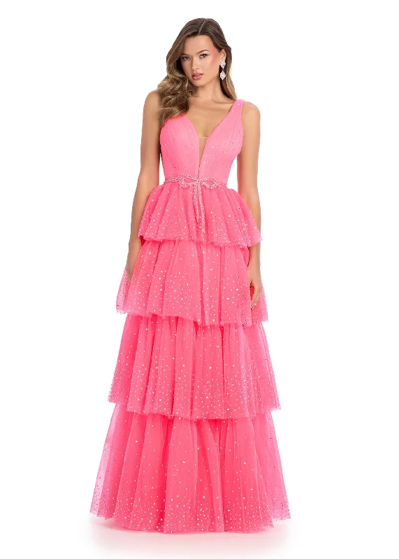 Discount Mania floral midi dressAshley Lauren 11894 Size 00 Hot Pink Shimmer Layer Bow Prom Dress V Neck Crystal Formal Gown A Line